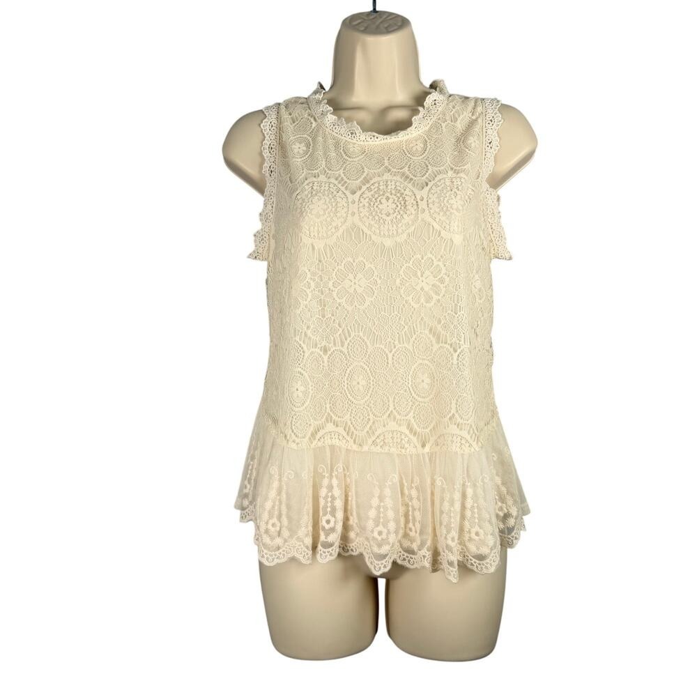 Pinky Top Small Ivory Sheer Mesh Lace Overlay Lined Peplum Hem Sleeveless Dainty